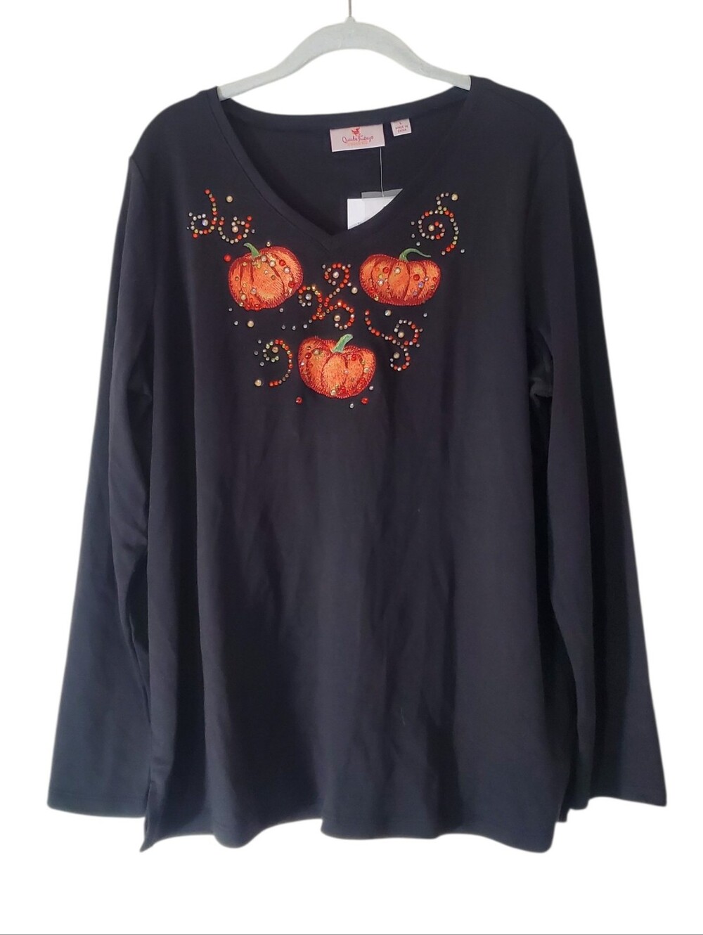 Quacker Factory Pumpkin Rhinestone Embellished Longsleeve V-Neck Shirt Top Black